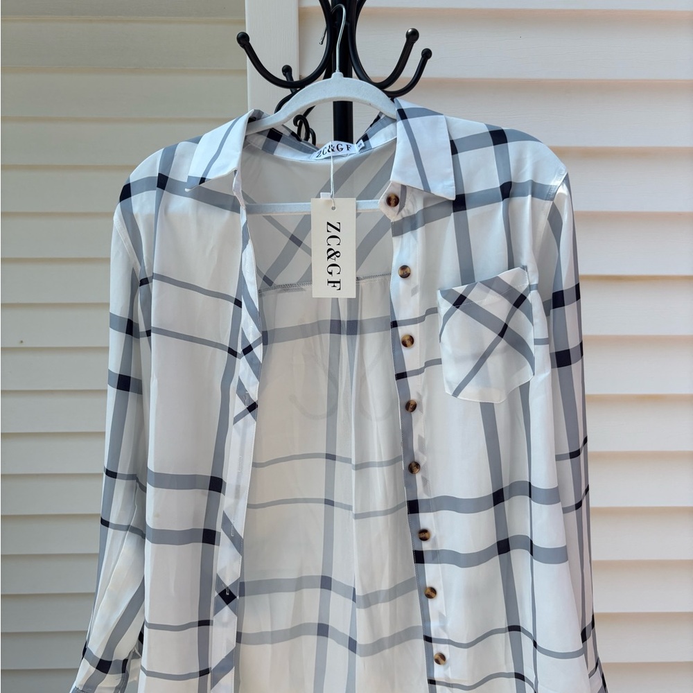 White and Black Plaid Button-Up Shirt